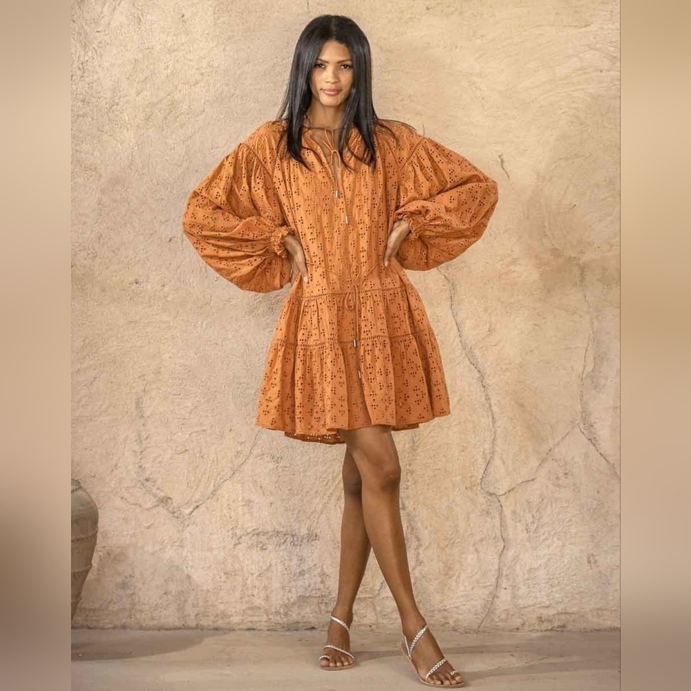 Scarlett Poppies Burnt Orange Miranda Eyelet Lace Long Sleeve Mini Dress